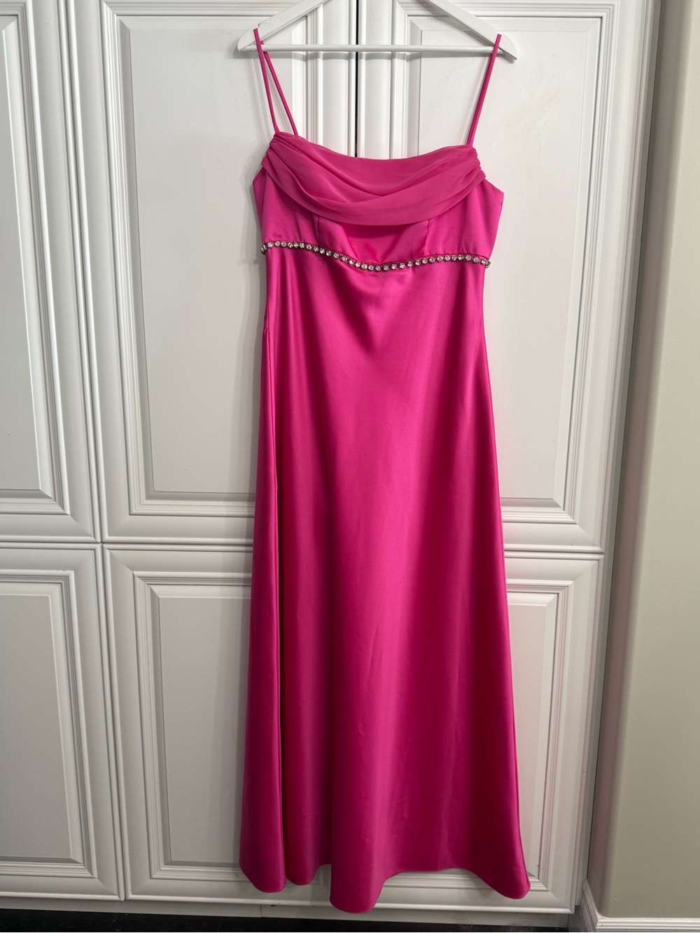 VTG Alfred Angelo Hot Pink Satin Empire Waist Maxi Dress w/Rhinestones Chiffon